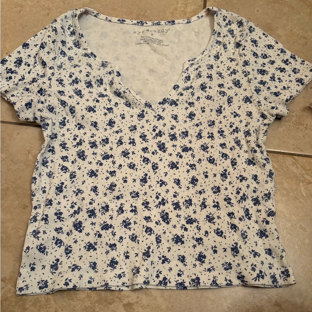 Eye Candy White and Blue Crop Fitted T-Shirt